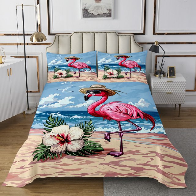 Erosebridal Cartoon Flamingo Coverlet Set Twin, Flower Floral Bedding Set, Beach Decor 2 Pieces