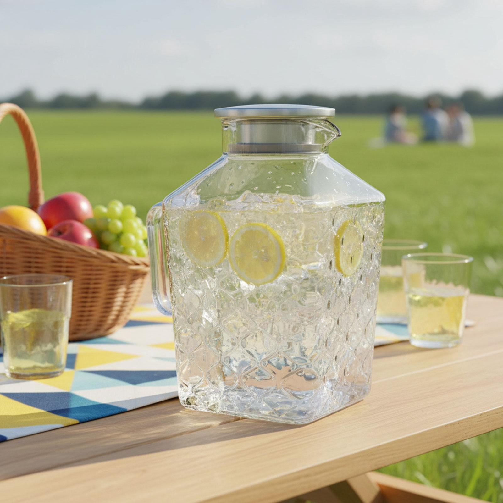 Fiocias Glass Pitcher Kettle Container Housewarming Gifts Clear Body Accessory Water Juice Jug for Lemonade Beverage Juice Silver Handle