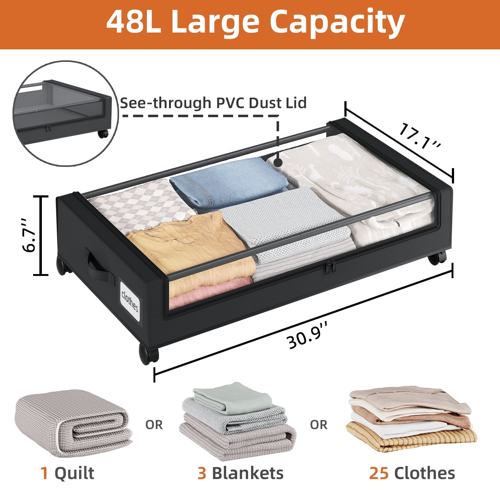 Eunos Under Bed Storage with Wheels, 2 Pack Under Bed Storage Containers with Clear Lid and Handles, Storage Organizer Bins