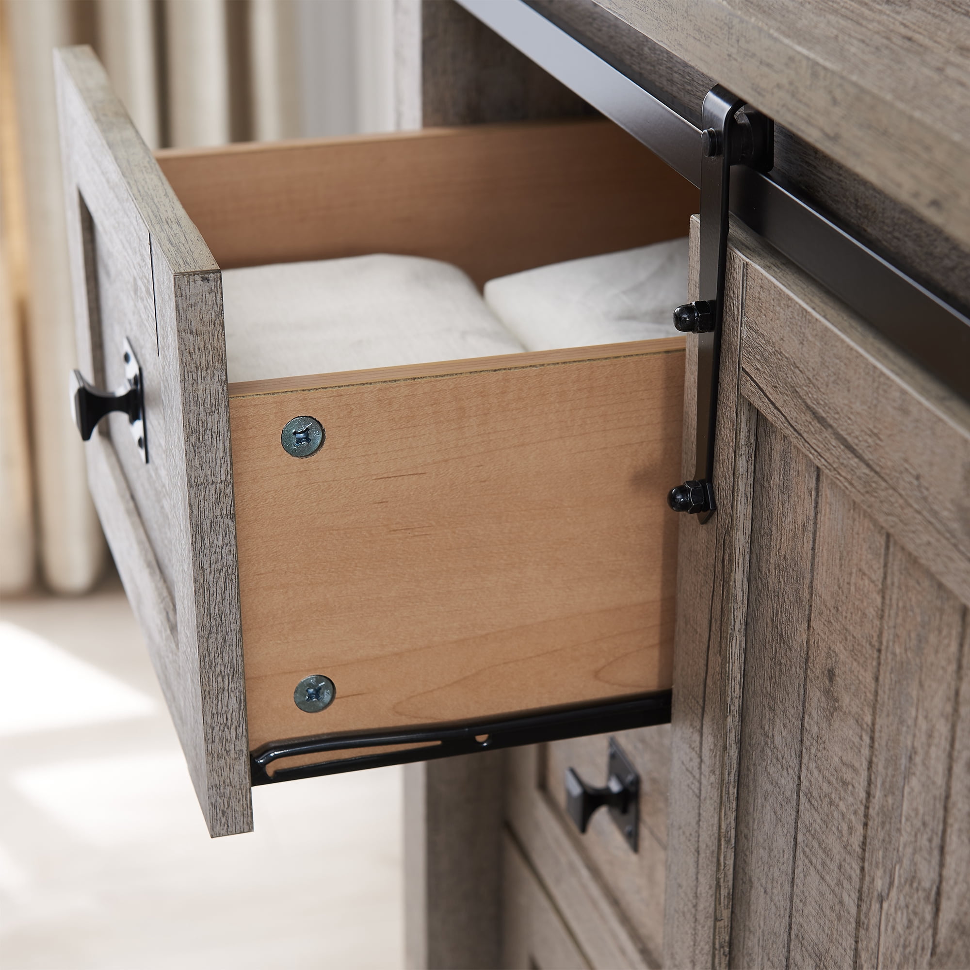 OKD Modern Farmhouse 5-Drawer Dresser with Barn Door, Adjustable Storage Cabinet for Bedroom Living Room, Light Rustic Oak