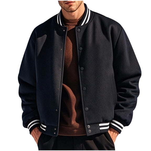 YLSDY Mens Striped Rib Baseball Varsity Jacket Men Short Button Outer Coat, Side Slip Pockets Relaxed Fit for Street Wear Campus Daily Black S