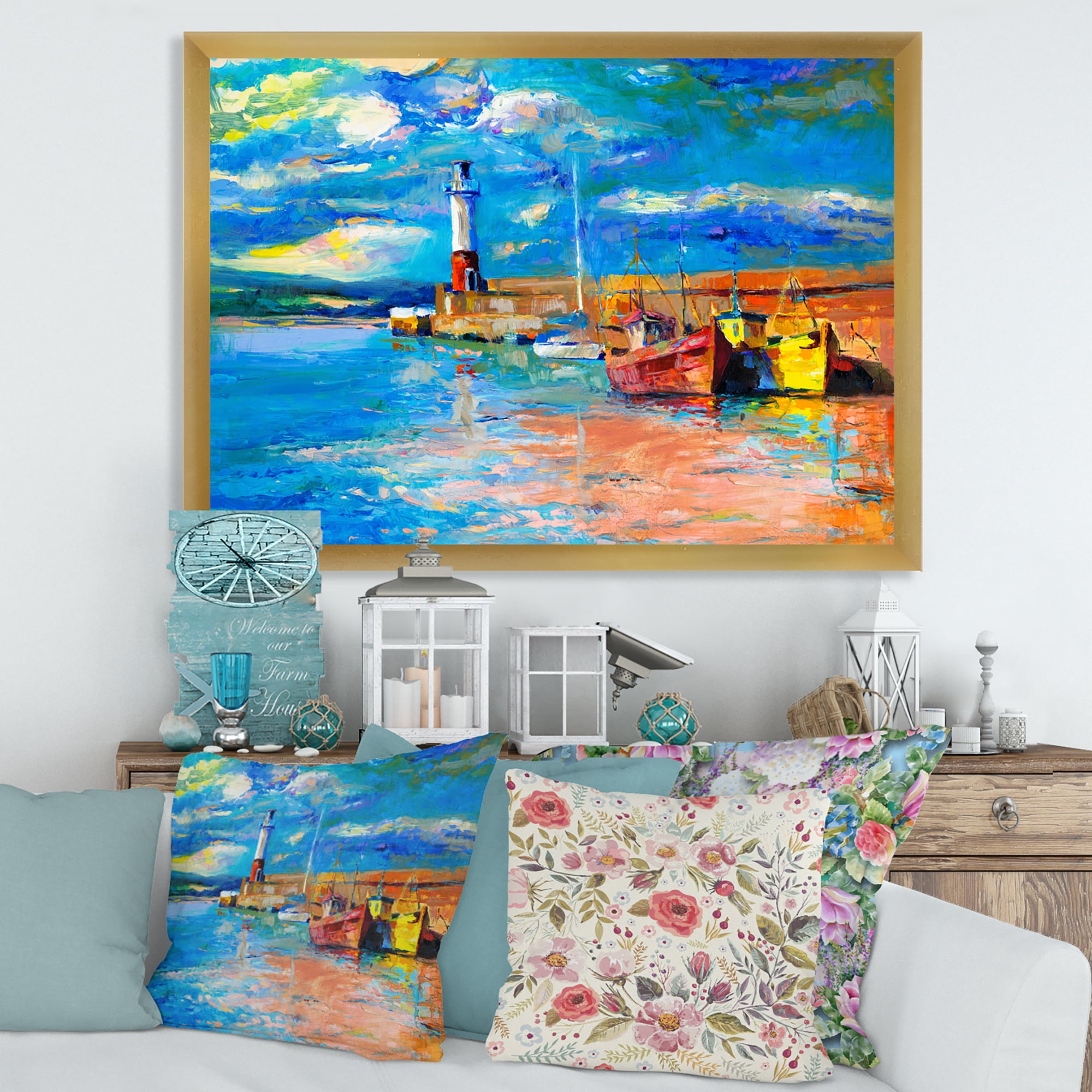 Designart 'Lighthouse By The Shore In Evening Glow ' Nautical & Coastal Framed Art Print