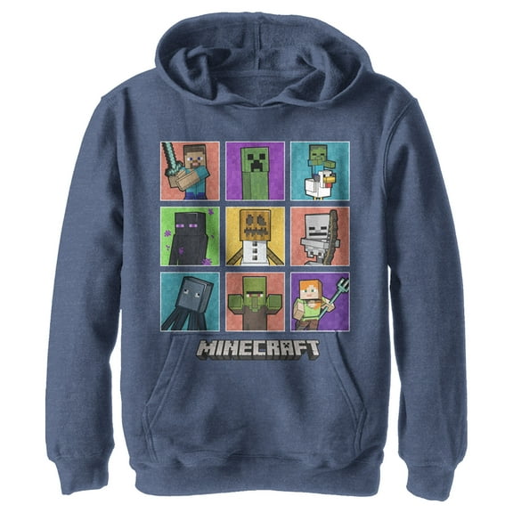 Boy's Minecraft Character Boxes Pull Over Hoodie Navy Blue Heather Medium