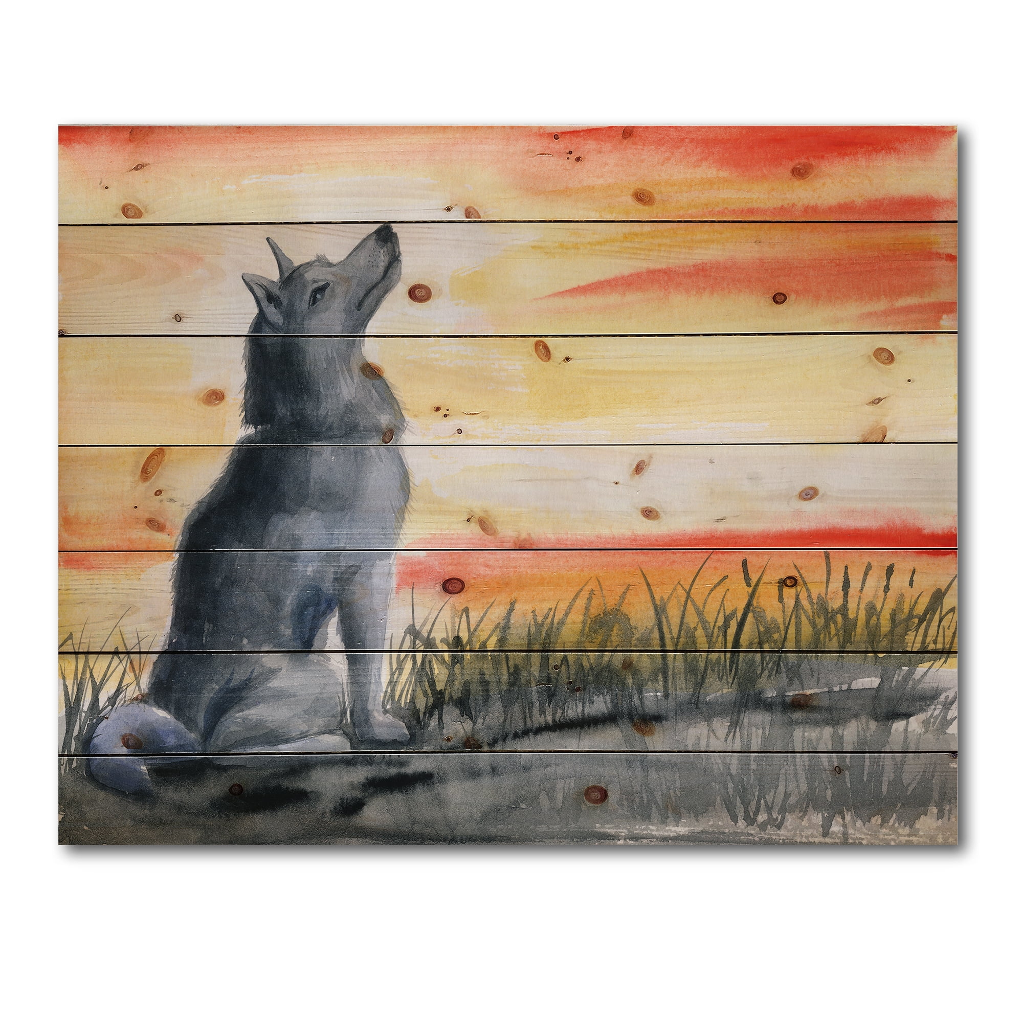 Designart 'Portrait Of Grey Wolf Howling At The Moon' Traditional Print on Natural Pine Wood