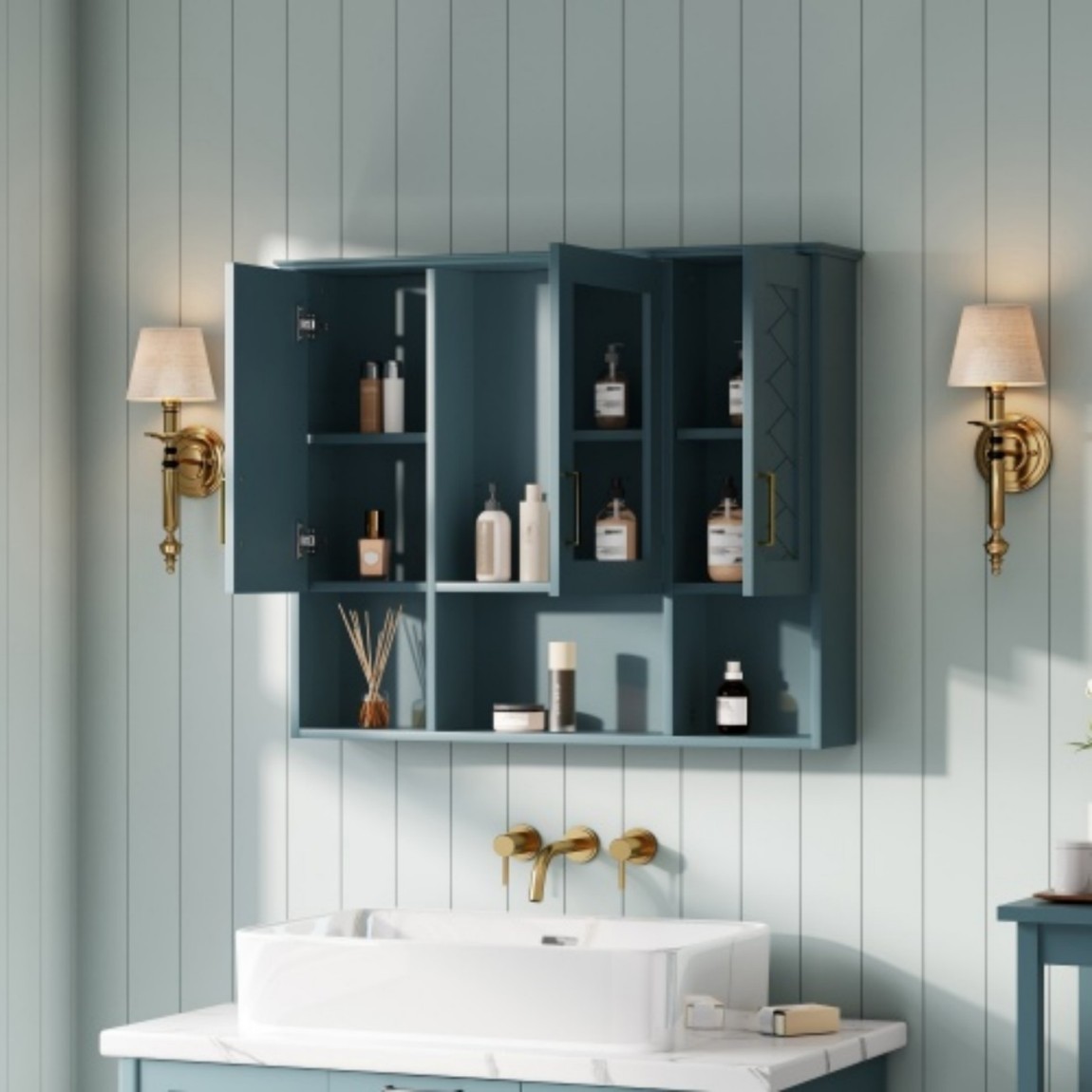 35" Wall Mounted Medicine Cabinet with Mirror, Bathroom Storage Cabinet with Adjustable Shelves, Soft Close Doors, Modern Mirror Cabinet for Vanity, Blue