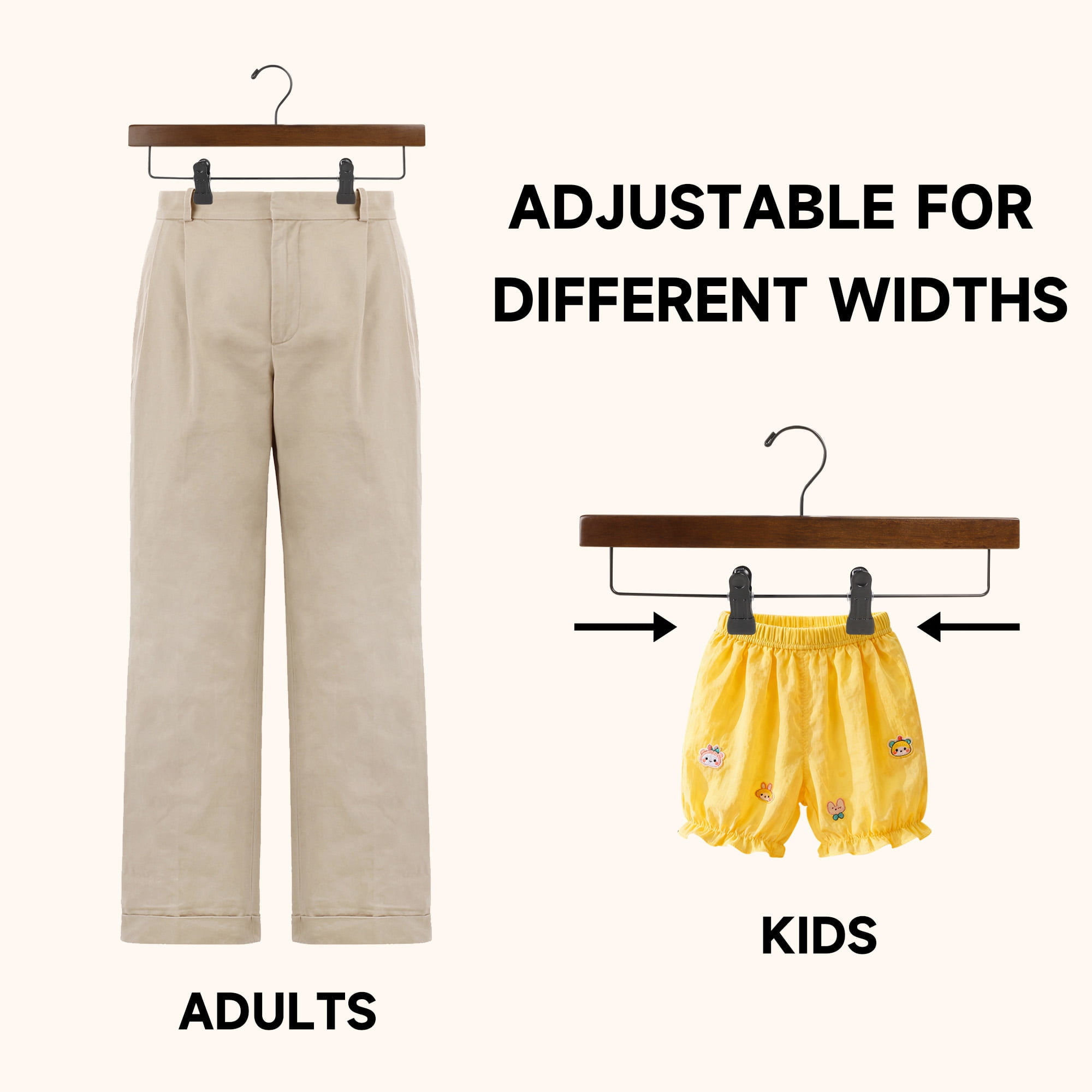 BP4U 12-Pack Premium Wooden Adjustable Pants Hangers, Heavy Duty Solid Wood Bottom Skirt/Trousers Hangers with 360° Swivel Hook & Wrinkle-Free Design(Walnut)