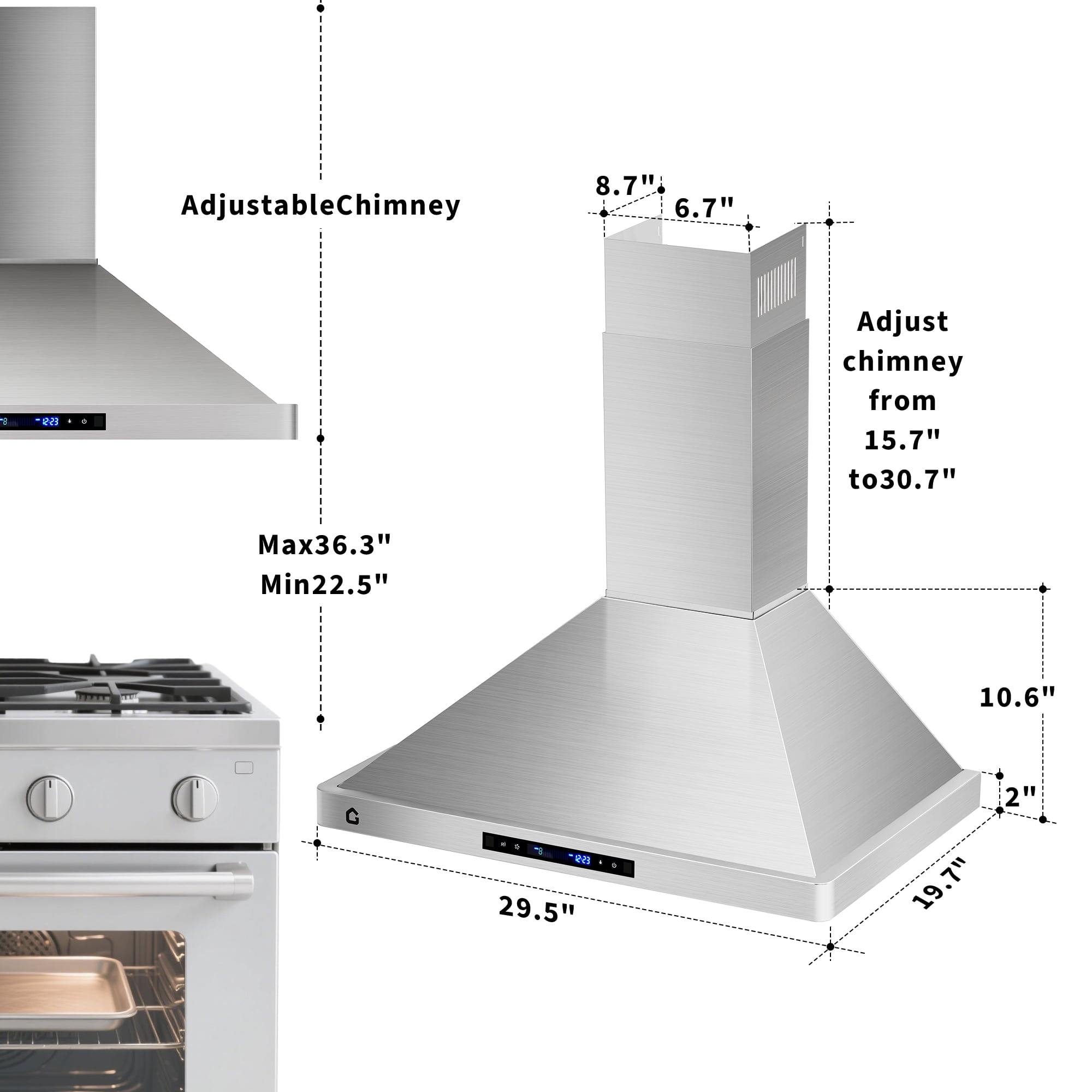 30 Inch Stainless Steel Range Hood, 250 CFM Quiet Operation Touch Control & 3 Speed, Ducted/Ductless Convertible, Five-Tier Aluminum Grease Filters, Adjustable Chimney for Kitchen Vent Hood