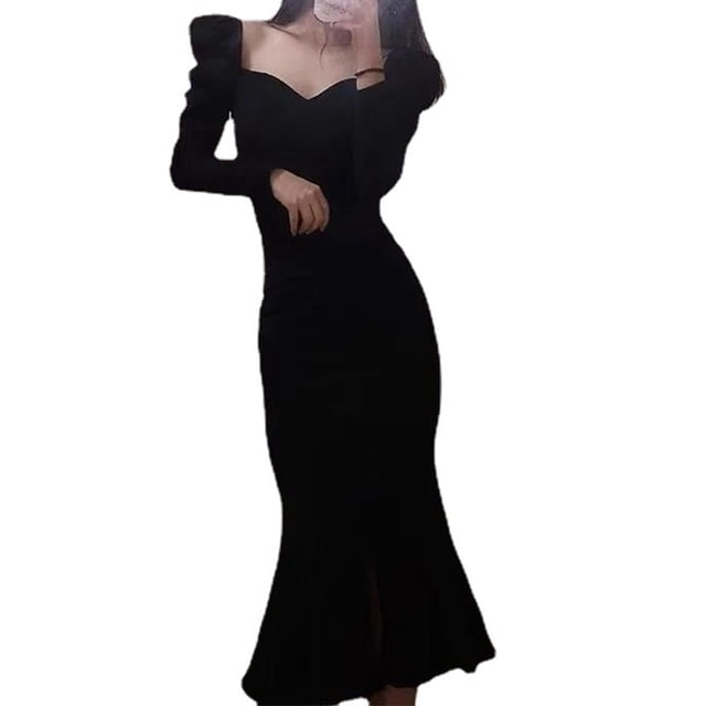 Laklulu - Vestido corto fruncido de manga larga con escote en V cuadrado sexy para mujer para fiesta, L