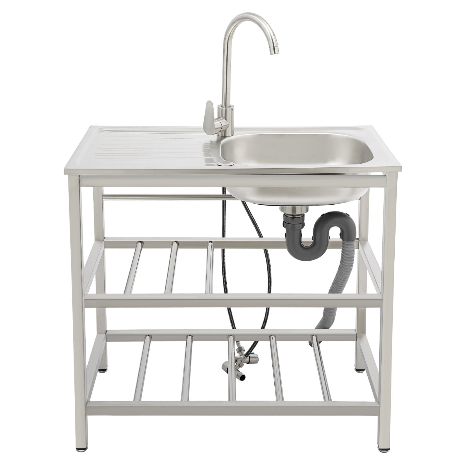 DUYIWAA Freestanding Stainless Steel Kitchen Sink with Faucet, Outdoor Utility Sink, 2-Tier Storage Rack, and Workbench for Dishwashing & Food Prep