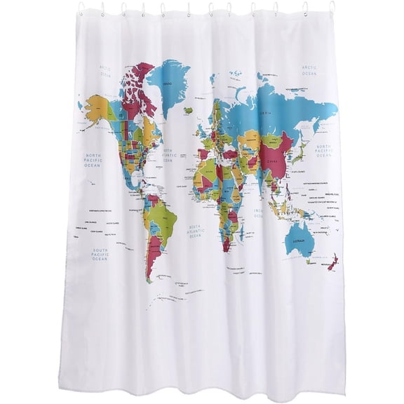 Shower Curtain World Map Pattern Bathroom Waterproof Fabric 72x72 Inch with 12 Hooks