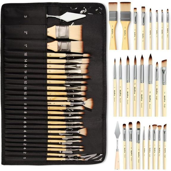 Nicpro 26pcs Paint Brush Set, Professional Paintbrushes with Palette Knife and Cloth Roll, Artist Paint Brushes for Acrylic Painting, Oil, Watercolor & Gouache, Art Painting Tools Supplies