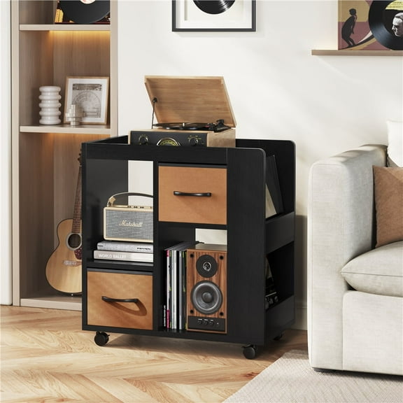 Yaheetech Modern Wooden Storage Side Table with Wheels, Black