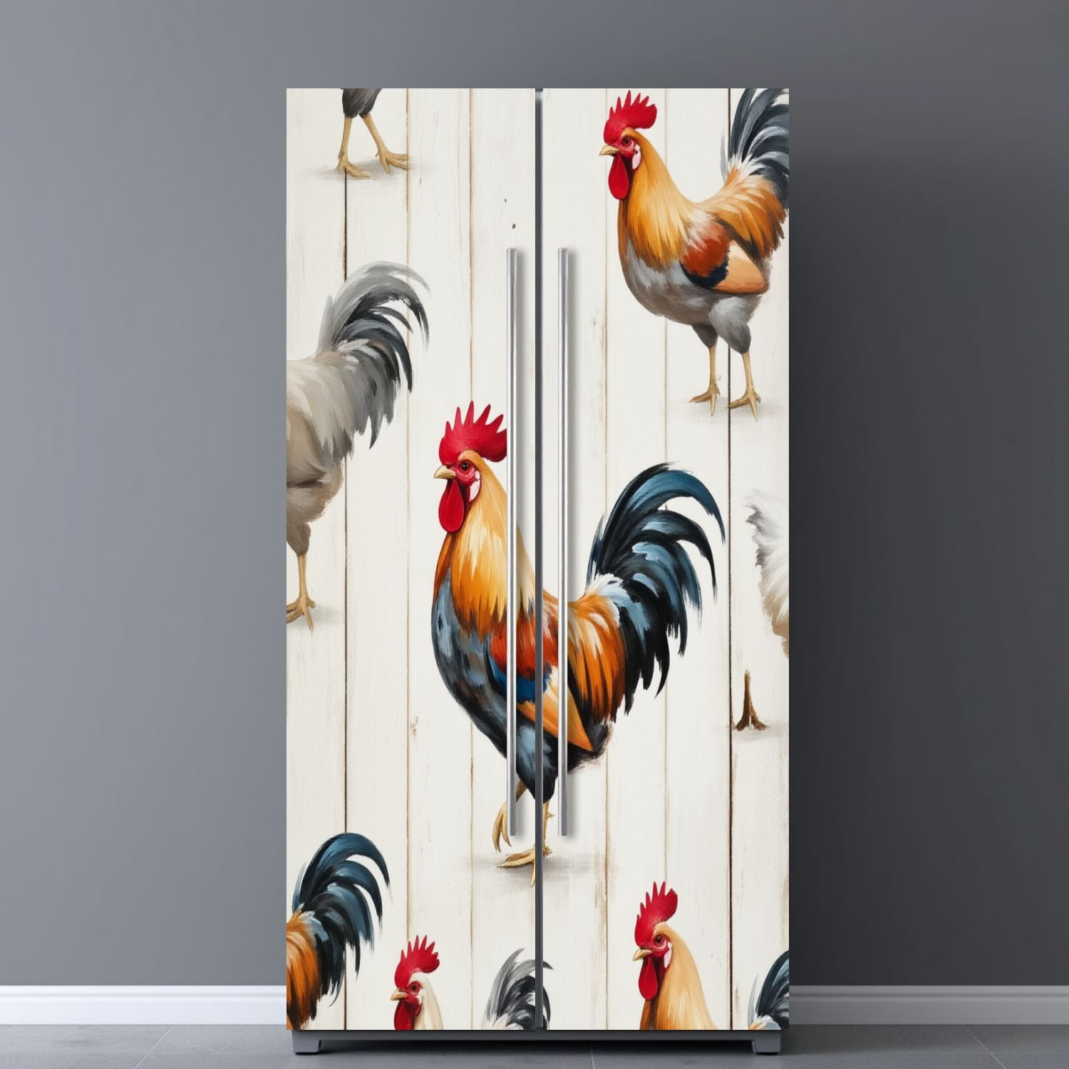 Self Adhesive Vinyl Refrigerator Wrap Set Colorful Roosters Artistic Brushstroke Style Rustic Wood Door Mural Removable Fridge Sticker Peel and Stick&nbsp;Full Door Cover Decal Kitchen Bar Decor