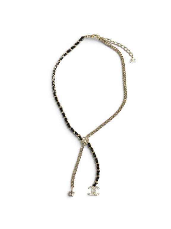 Pre-Owned CHANEL I25B ABG287 Coco Mark Leather Star Clover Chain Necklace Gold Black Made in...