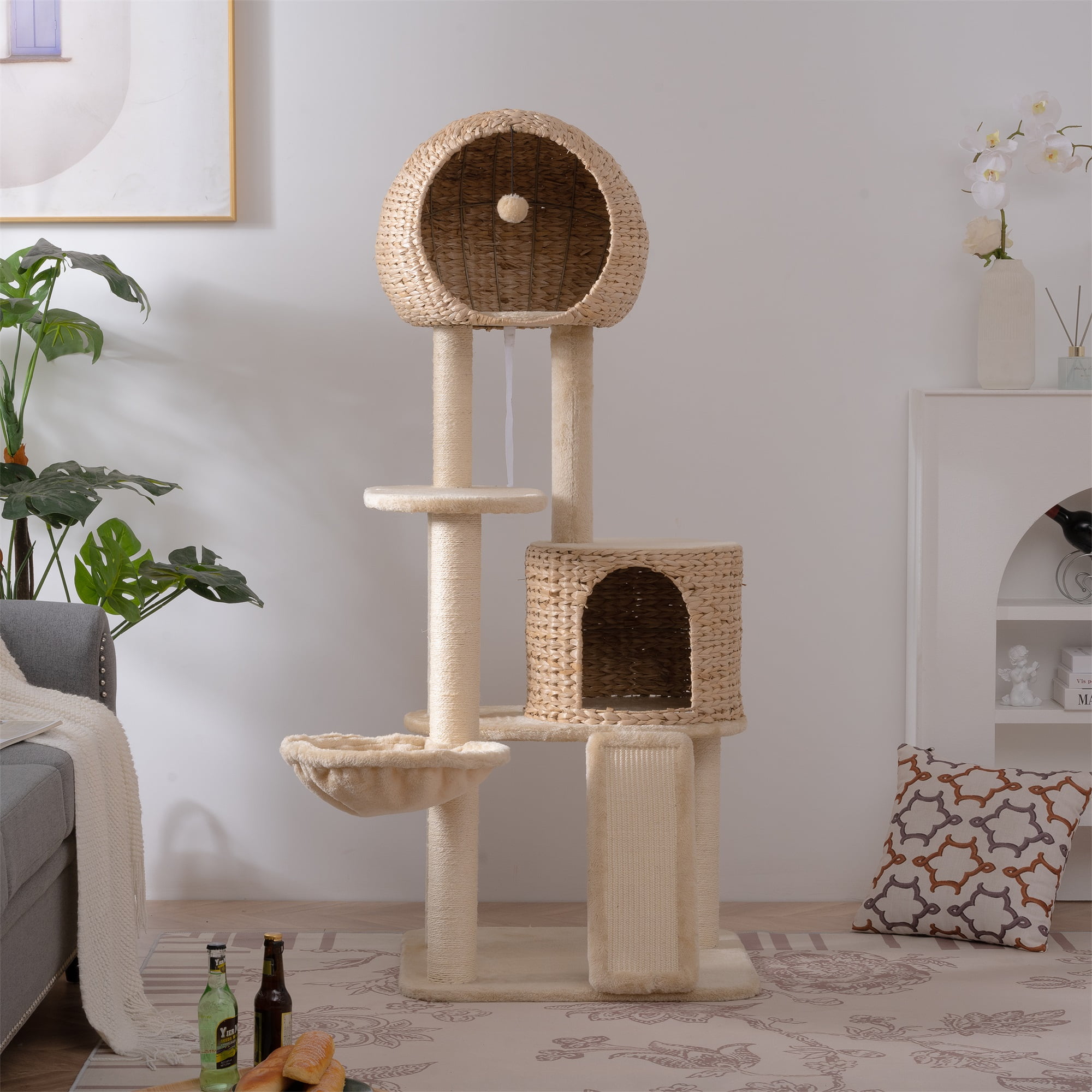 Pefilos 61" Cat Tree Tower for Indoor Cats, Plush Multi-Level Cat Condo with 1 Perches, 2 Caves, Cozy Basket and Scratching Board, Beige Pefilos 61" Cat Tree Tower for Indoor Cats, Plush Multi-Level Cat Condo with 1 Perches, 2 Caves, Cozy Basket and Scratching Board, Beige