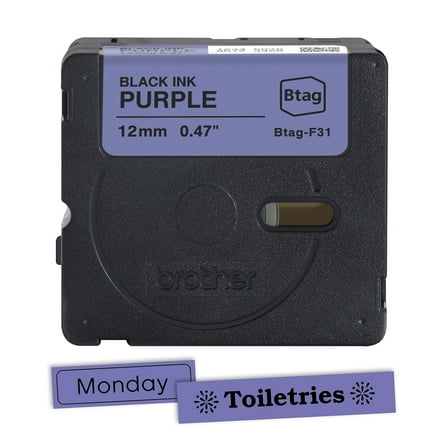 Brother Genuine P-touch BTAGF31 Black on Purple Label Tape, ~1/2in by 13.1ft (12mm x 4m) for Ptouch Label Makers