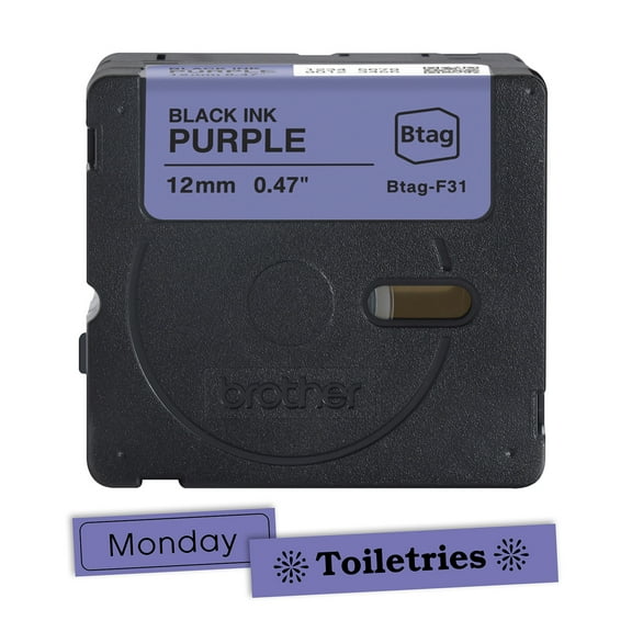 Brother Genuine P-touch BTAGF31 Black on Purple Label Tape, ~1/2in by 13.1ft (12mm x 4m) for Ptouch Label Makers