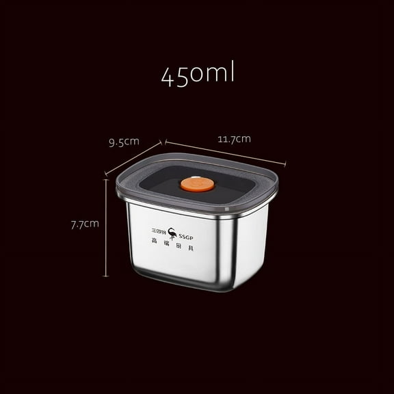 Luxury 304 Stainless Steel Fridge Food Box LFGB Certificate Air Exhaust Meat Vegetable Crisper Silicone Sealed Fresh Keep Case (450ml)