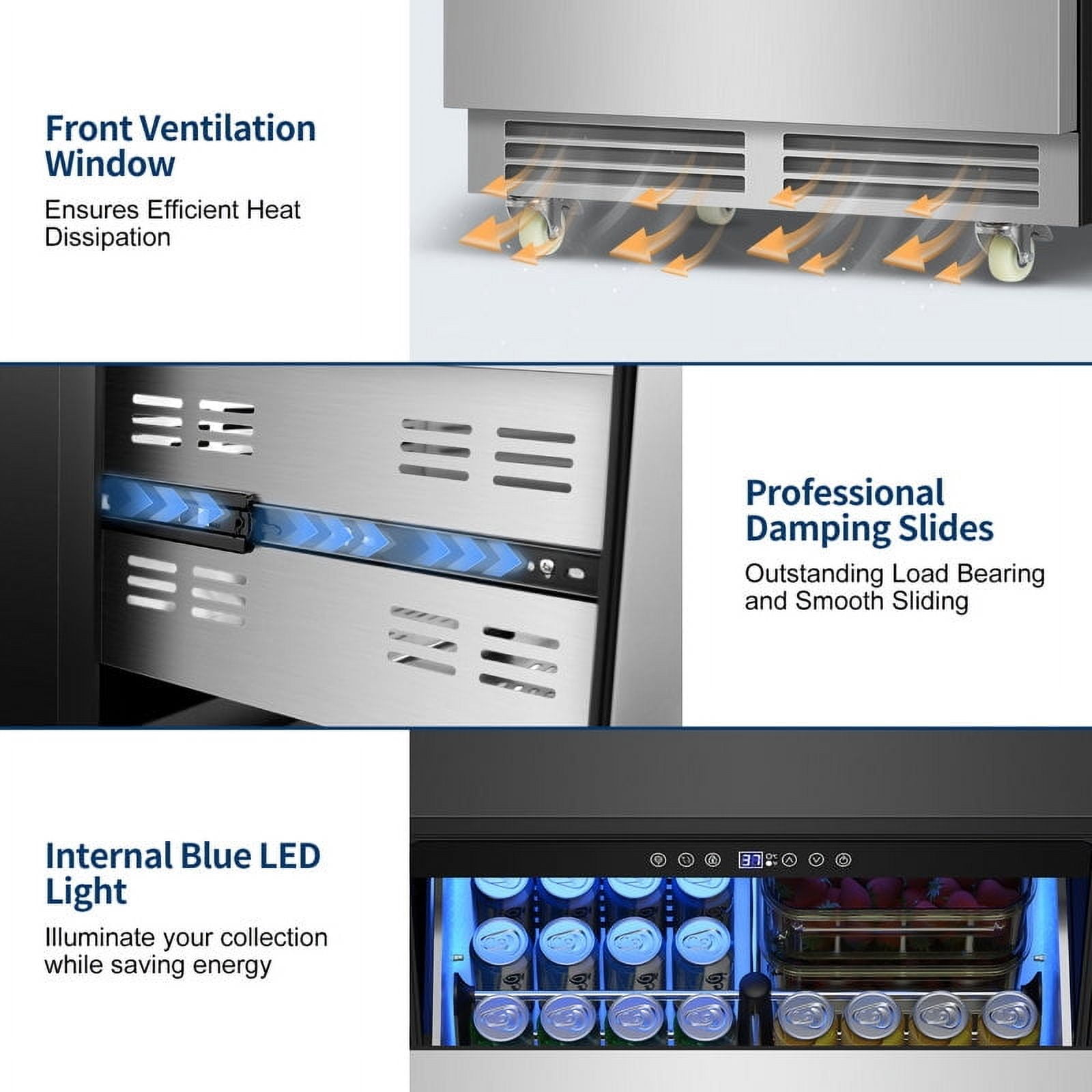Nipus 24 in 160 Can Drawer Beverage refrigerator,5.2 cu.ft.Dual Zone,Under Counter Built-In Stainless Steel for Home & Commercial Use