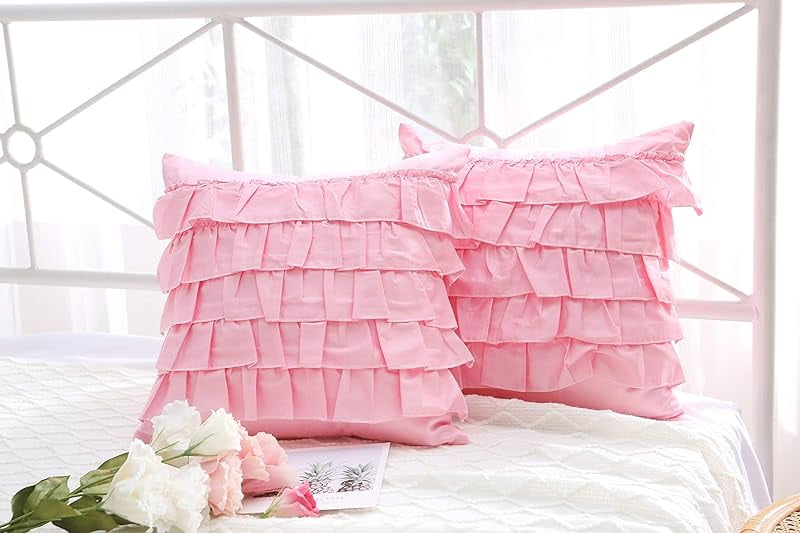 Bright Pink Throw Pillow Covers with Waterfall Ruffles 5 Lays Square Cushion Cases Egypt Cotton 18"X18" 2-Pack