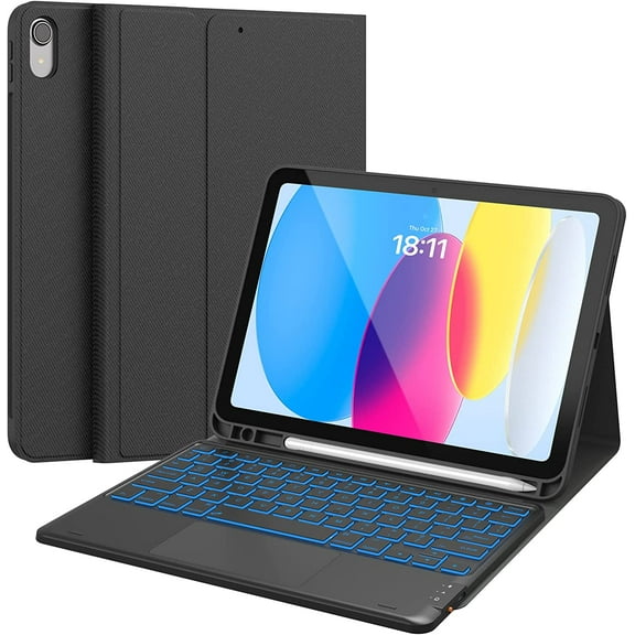 CHESONA Keyboard Case Compatible with iPad 10th Generation 10.9" 2022, 7 Color Backlight, Multi-touch Trackpad, 2 Bluetooth Channels, Black