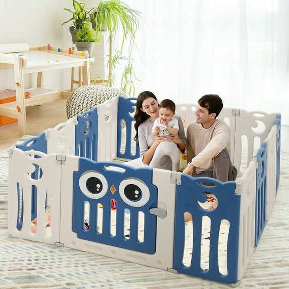 Gymax 14-Panel Baby Playpen Foldable Play Yard Kids Activity Center with Lock Door, Blue