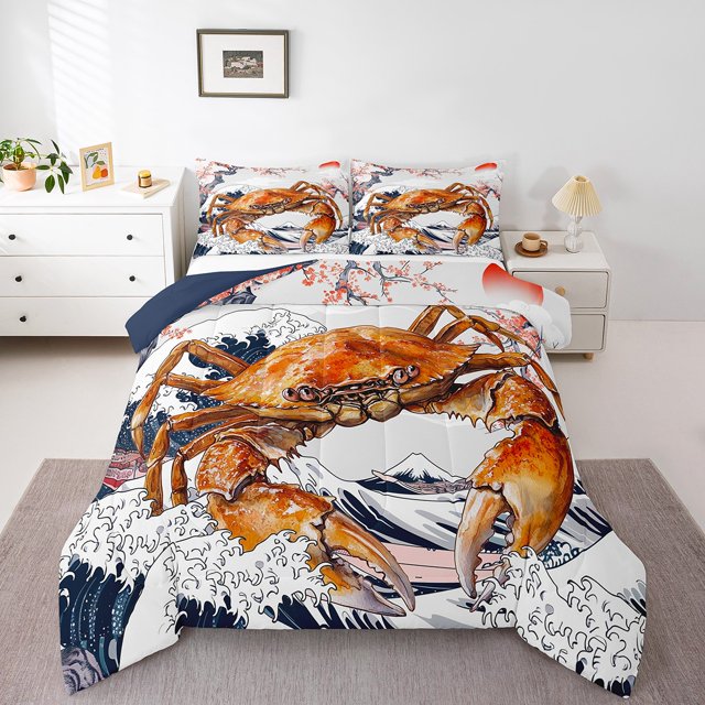 YST Cute Crab Ocean Wave Comforter Set, Queen Size, Asian Theme Bedding