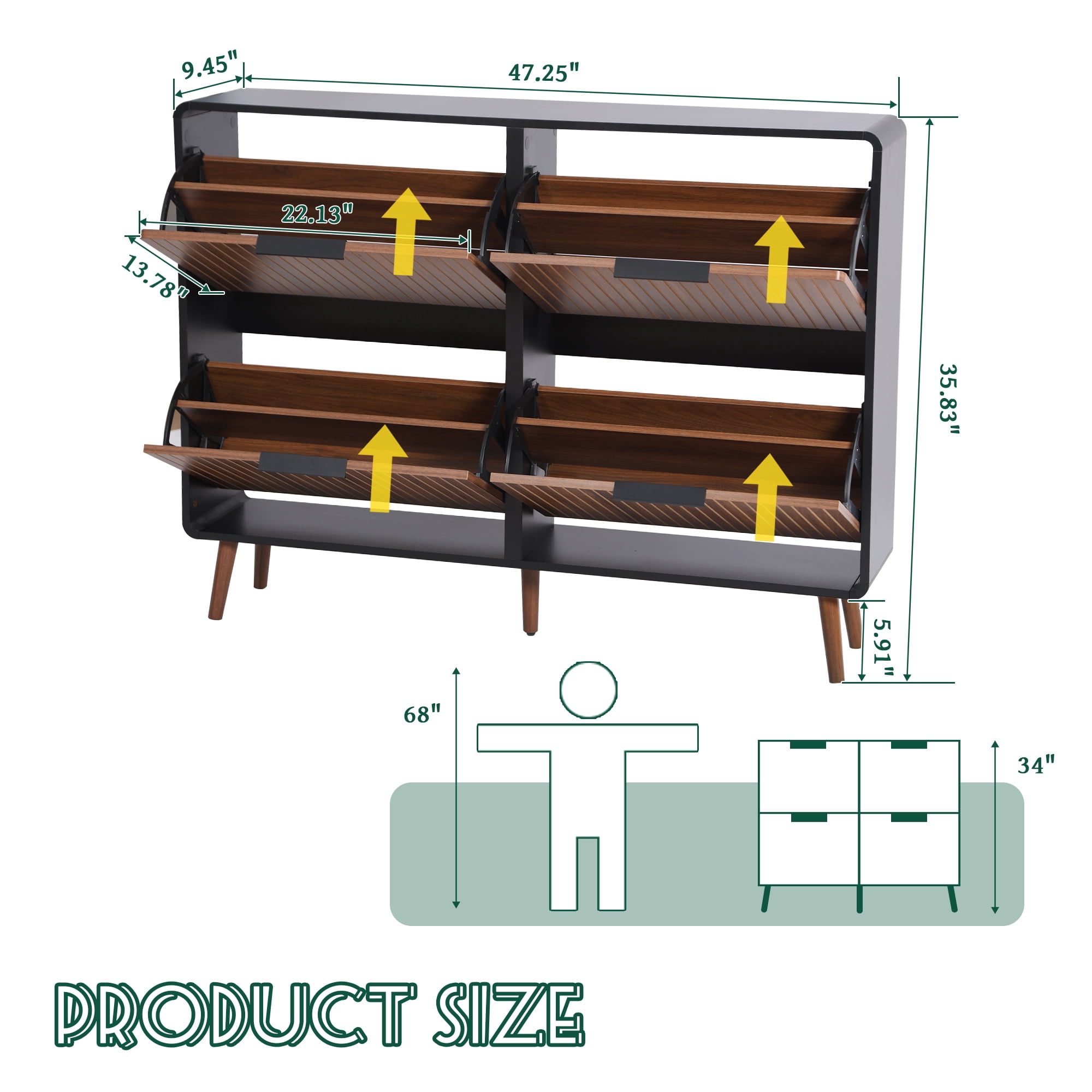 LEFHDA 47" Wide Fluted Large Shoe Cabinet with 4 Flip Drawers, 28 Pairs Slim Freestanding Shoe Cabinet Organizer, Narrow Shoes Storage Rack for Entryway, 5 Sturdy Legs (Walnut)