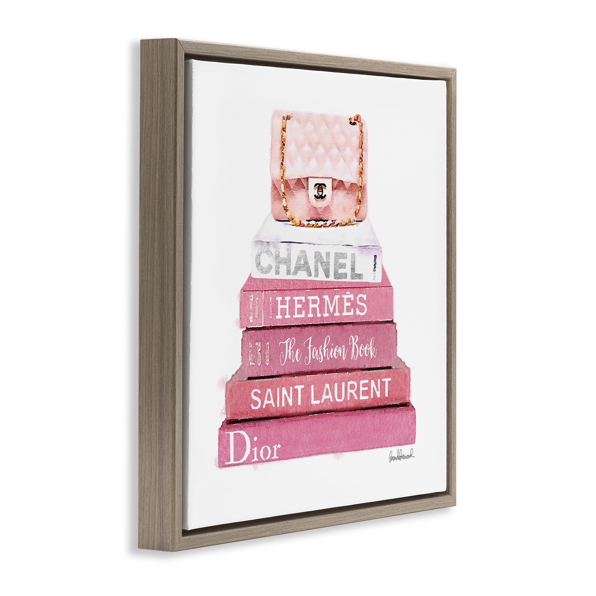 Stupell Industries Pink Book Stack Fashion Handbag Beauty & Fashion Painting Brown Floater Framed Canvas Art Print Wall Art, 18 x 18