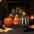 thumbnail image 5 of JWZZYD Halloween Tabletop Decorations Indoor, Pumpkins Wooden Tabletop Decor, Striped Checkered Pumpkin Flat Ornament, Vintage Fall Halloween Thanksgiving Mantel Home Desk Decor, 5 of 6