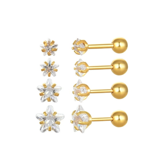 4 Pairs Screw Back Star Heart Square Round CZ Stud Earrings Set, 18K Gold Plated Surgical Stainless Cartilage Helix Stud Earrings 3-6mm