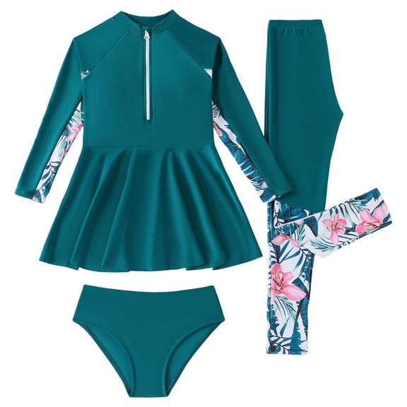 YDFCWXW Swimsuit for Girls Long Sleeve Burkini Full Body Swimwear Rash Guard Teens Modest Bathing Suit (Green, 8-9 Years)