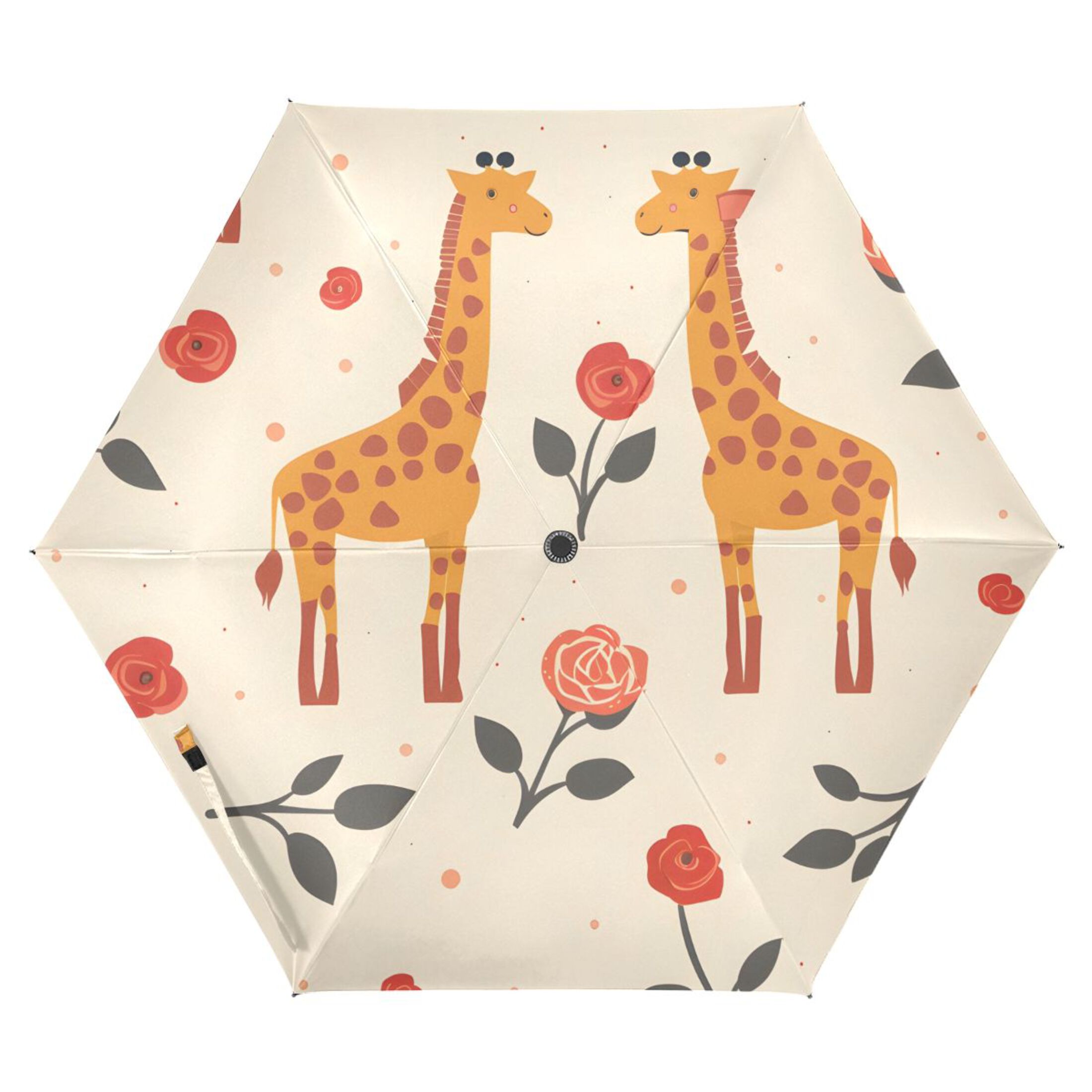 Cartoon Cute Giraffes Roses All Weather Umbrella Triple Folding Parasol 6 Ribs UV Protection Portable
