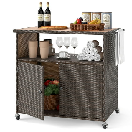 Gymax Outdoor Storage Cabinet w/Acacia Wood Top 2 Doors Buffet Cabinet Sideboard