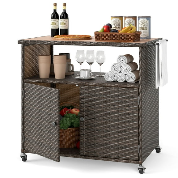 Gymax Outdoor Storage Cabinet w/Acacia Wood Top 2 Doors Buffet Cabinet Sideboard