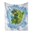 thumbnail image 1 of World Soft Flannel Fleece Throw Blanket, Cartoon Style Globe with Greenery Peaceful Idyllic Country Cloudy Sky, Cozy Plush for Indoor and Outdoor Use, 70" x 90", Green Pale Blue White, by Ambesonne, 1 of 6