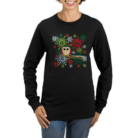 CafePress - Christmas Owl Women's Long Sleeve Dark T Shirt - Women's Long Sleeve Graphic Tee Casual Fit