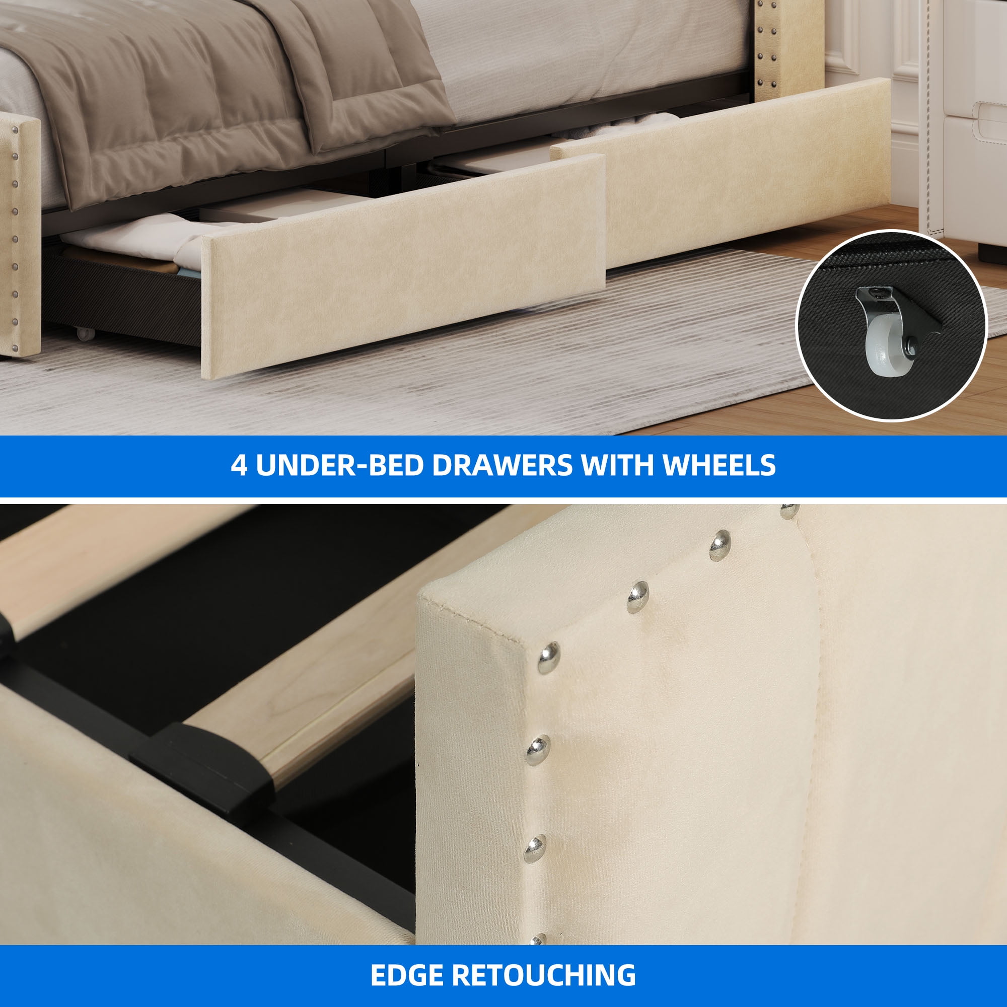 Uforic Full Size LED Upholstered Platform Storage Bed Frame with Drawers and Charging Station, Beige