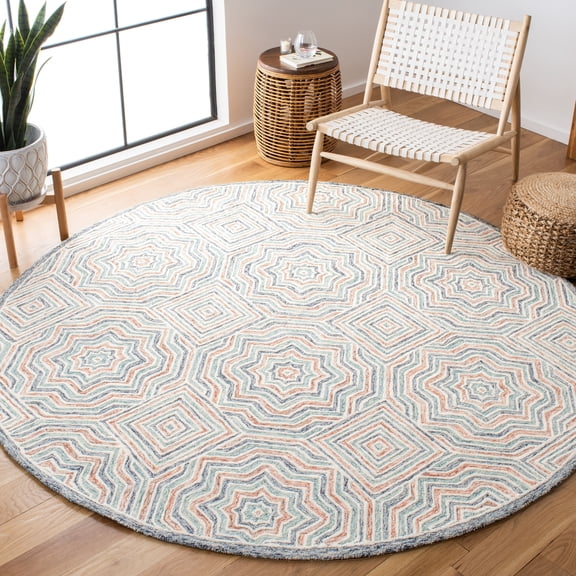 SAFAVIEH Capri Layla Geometric Wool Area Rug, Blue/Rust, 7' x 7' Round