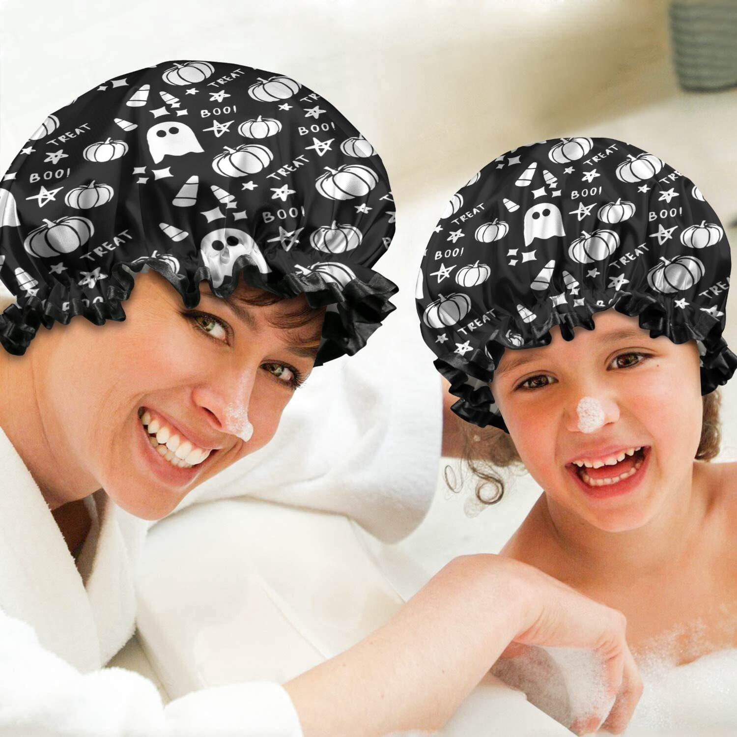 Shower Caps,Black Halloween Ghosts Pumpkins and Stars Waterproof Shower Cap for Women 4 Pieces,Double Reusable Hair Cover for Shower PEVA Elastic Stretch Hem