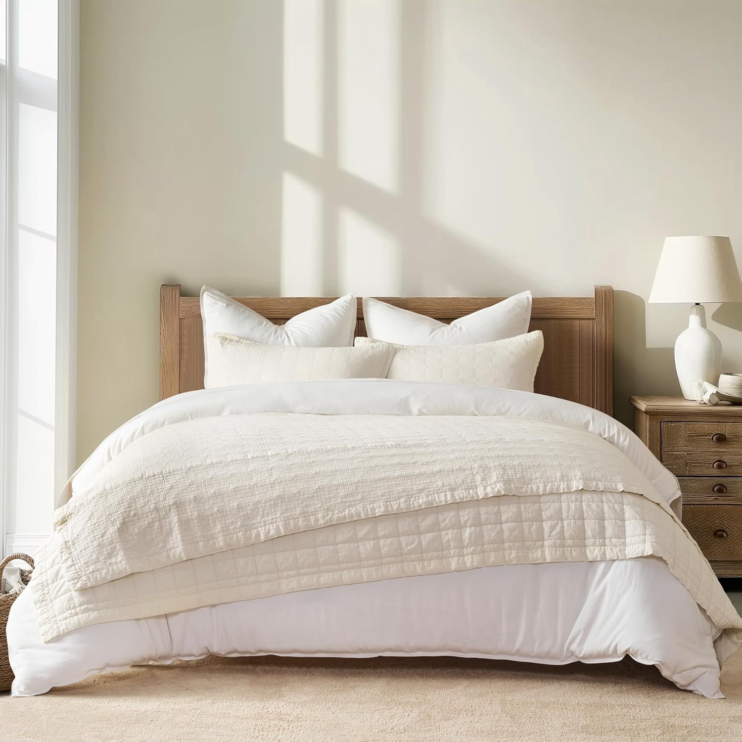 EVERGRACE Stonewashed Cotton Quilt Set King Size, Ultra Soft Oversized Bedspread Coverlet Set, Lightweight Crinkle Box Stitch Bedding Sets for All Season, with 2 Shams, Ivory White