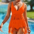 thumbnail image 2 of Gubotare 2Pcs Women Fringe Swimsuits High Waist Tassel Strappy Top Bikini Sets Tummy Control Bathing Suit Orange S, 2 of 5