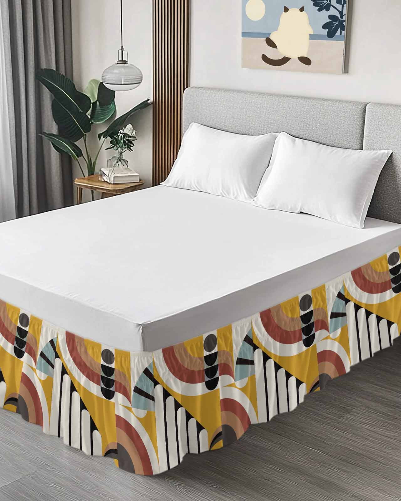 Geometric,Wrap Around Bed Skirts for California King Bed 18" Drop,Bed Skirt with Adjustable Elastic Belt Dust Ruffle Bed Valance Abstract Black Middle Century Boho Yellow Red Stripes Bed Frame Cover
