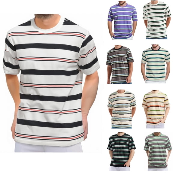 YHAJDS Mens Button Down Shirts Short Sleeve Stripe Print Vintage Casual Top