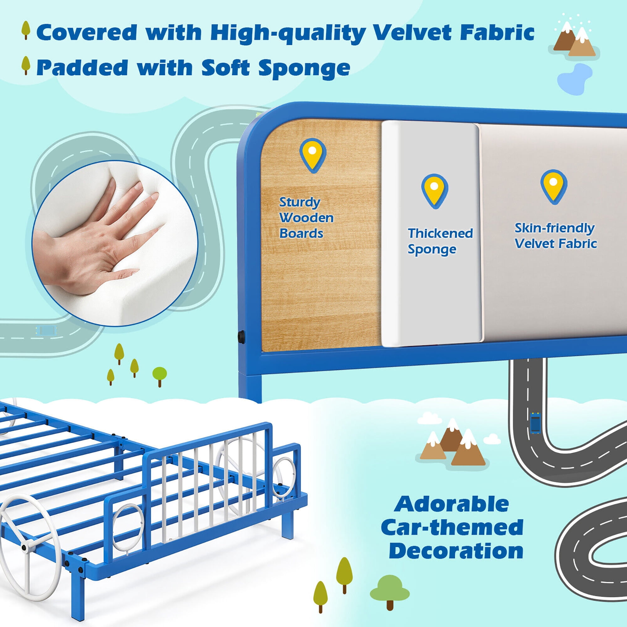 Gymax Twin Size Kids Bed Frame Car Shaped Metal Platform Bed w/ Upholstered Headboard