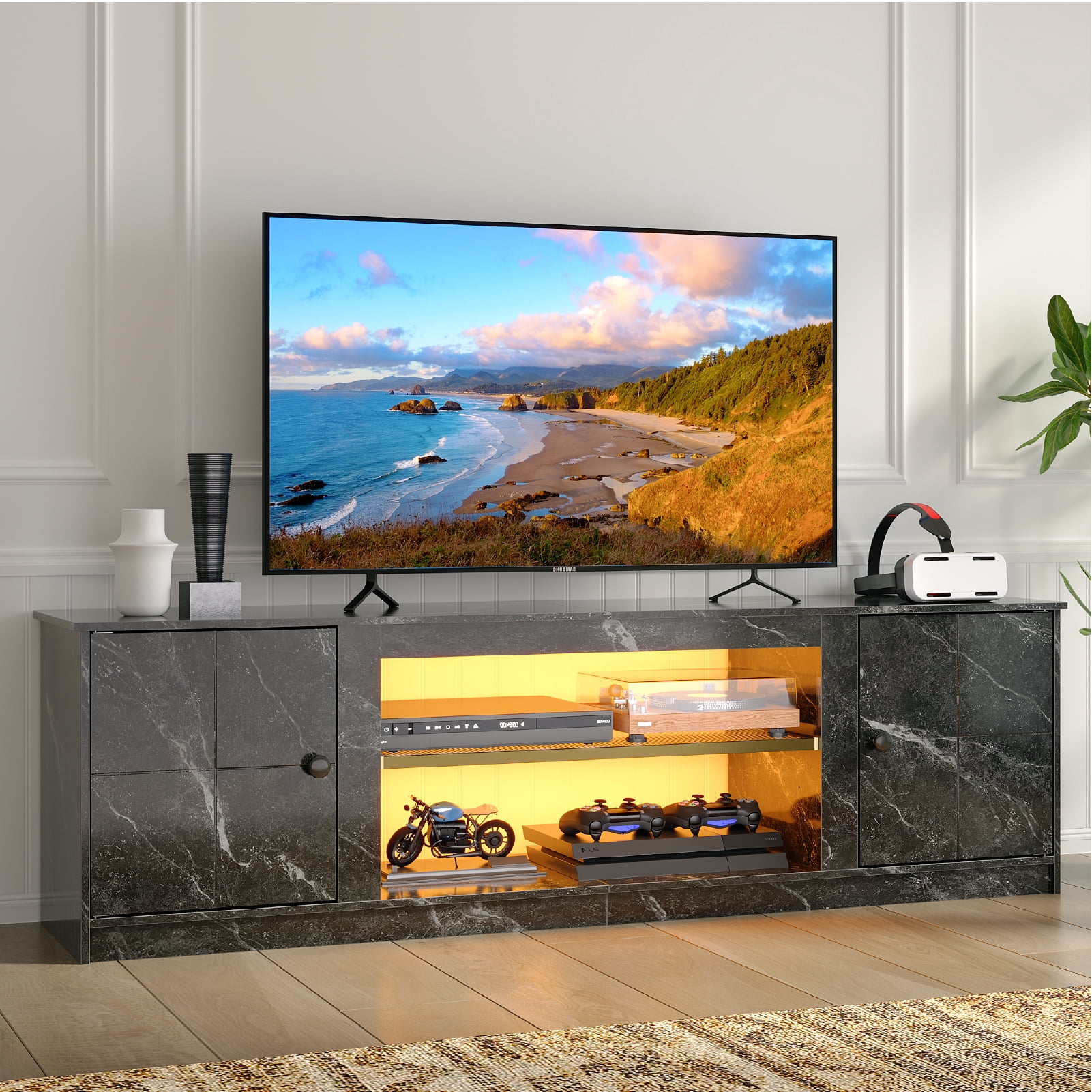 Pinmoco 63" LED TV Stand for TVs up to 70", Gaming Entertainment Center with Storage Cabinet and Adjustable Shelves, Black Marble