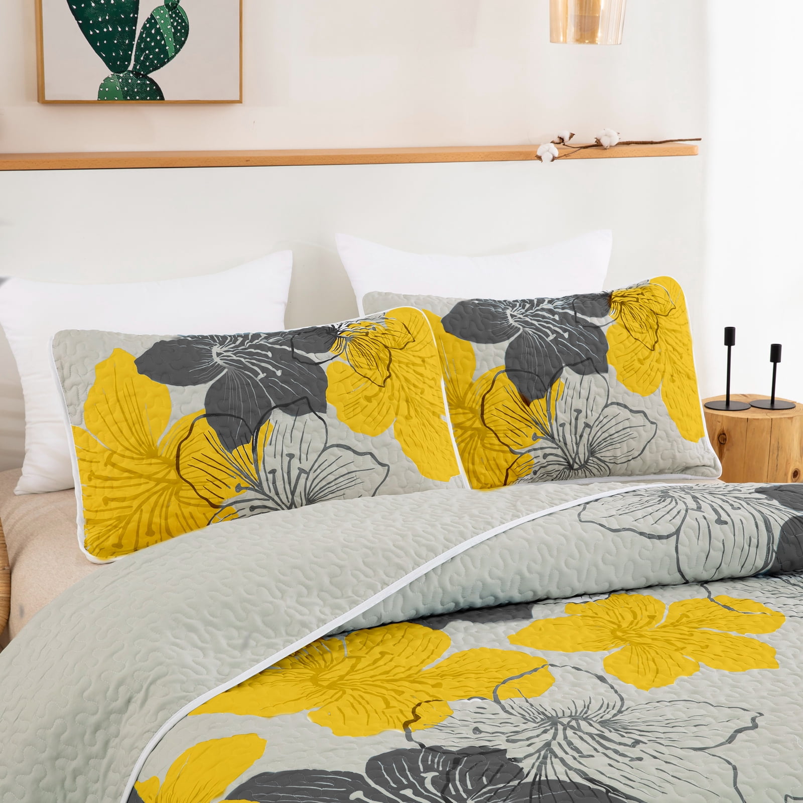 Floral Quilt Set King Size,3Pcs Yellow Bedding Set Lightweight Coverlet Adult(90"x110")