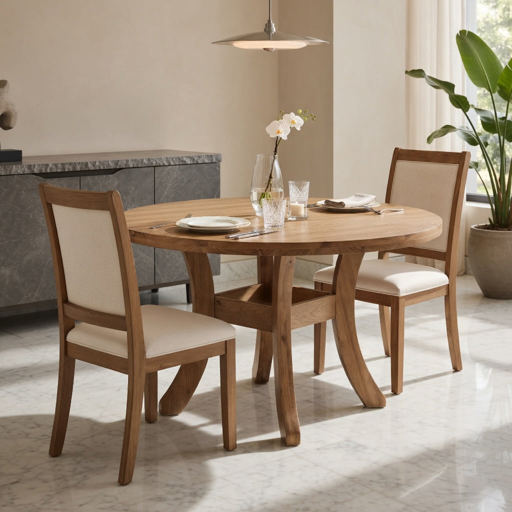 Hommoo Solid Wood Round Dining Table 47 Inch, Farmhouse Kitchen Table with Curved Splayed Legs for 4-6 People, Natural