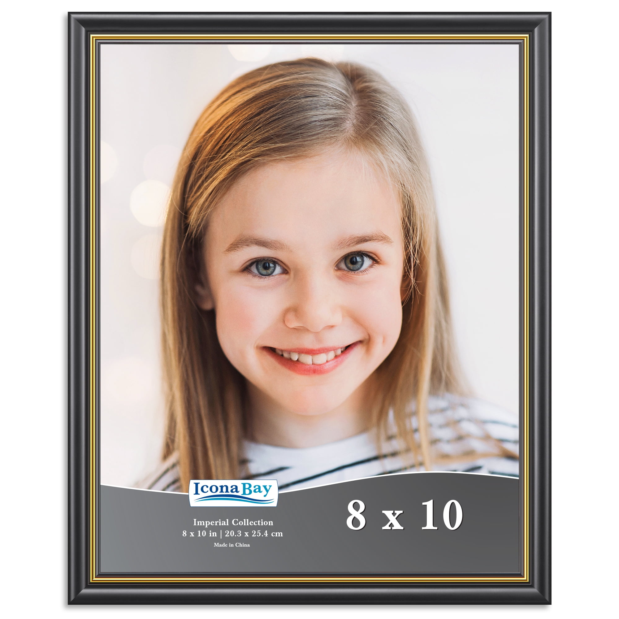 Icona Bay 8x10 Black Picture Frame with Gold Trim, Traditional Style, 1