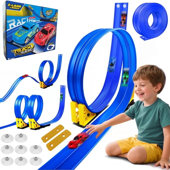 Berallo Flexible Race Track Slot Car Track 16.4ft DIY Flex Car Ramp Set for Kids Ages 3  (Blue)